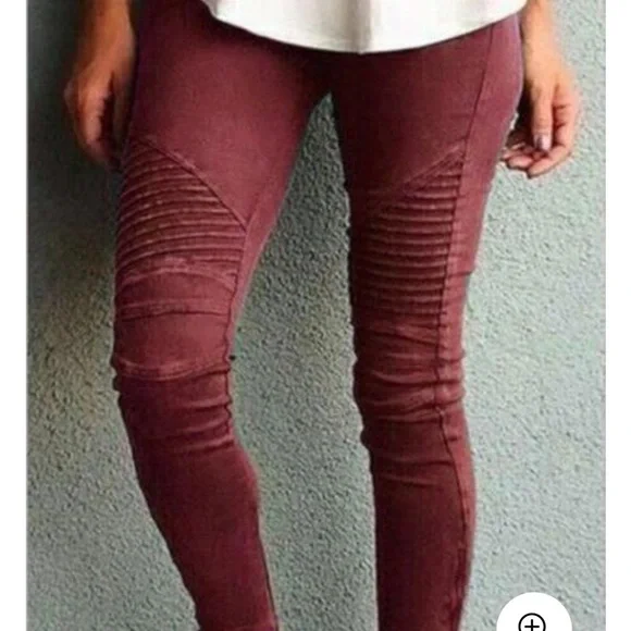 2 Pairs! Beulah Olive Green + Burgundy Moto Leggings Jeggings Size Small bundle - Picture 2 of 8